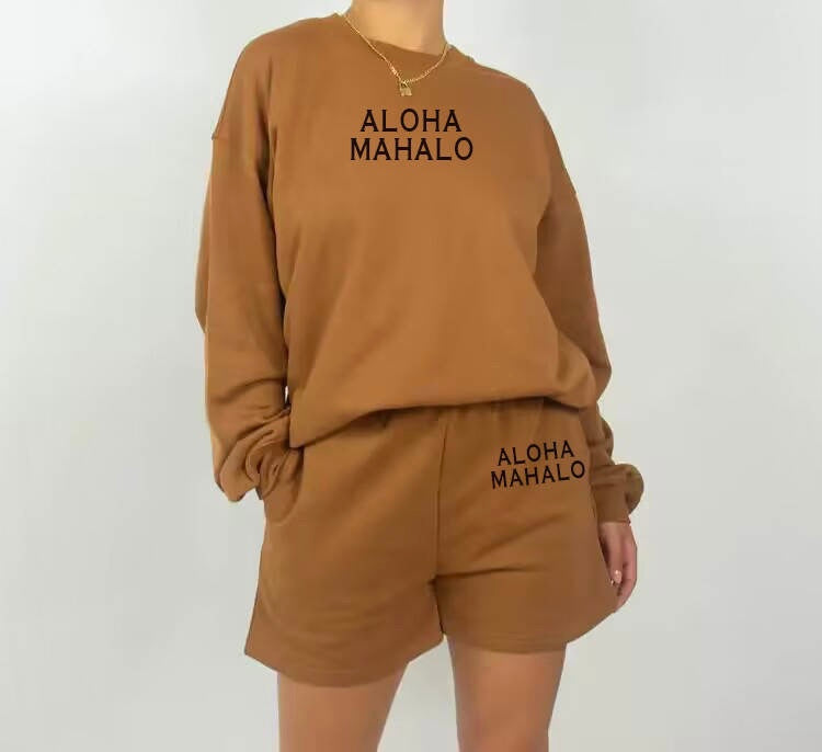 ALOHA MAHALO Crew Neck Sweater/ Short Set | Chocolate