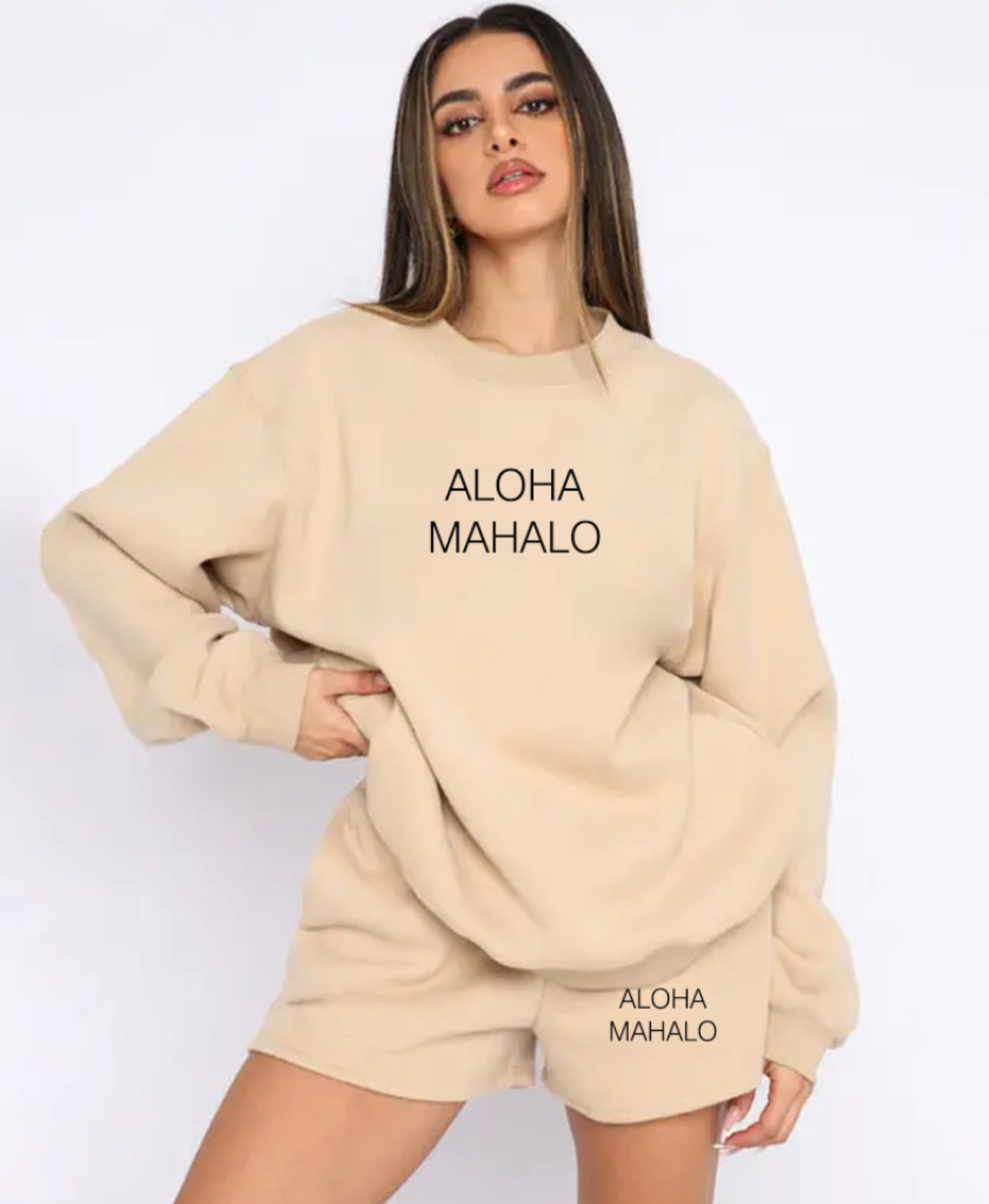 ALOHA MAHALO Crew Neck Sweater/ Short Set | Sand