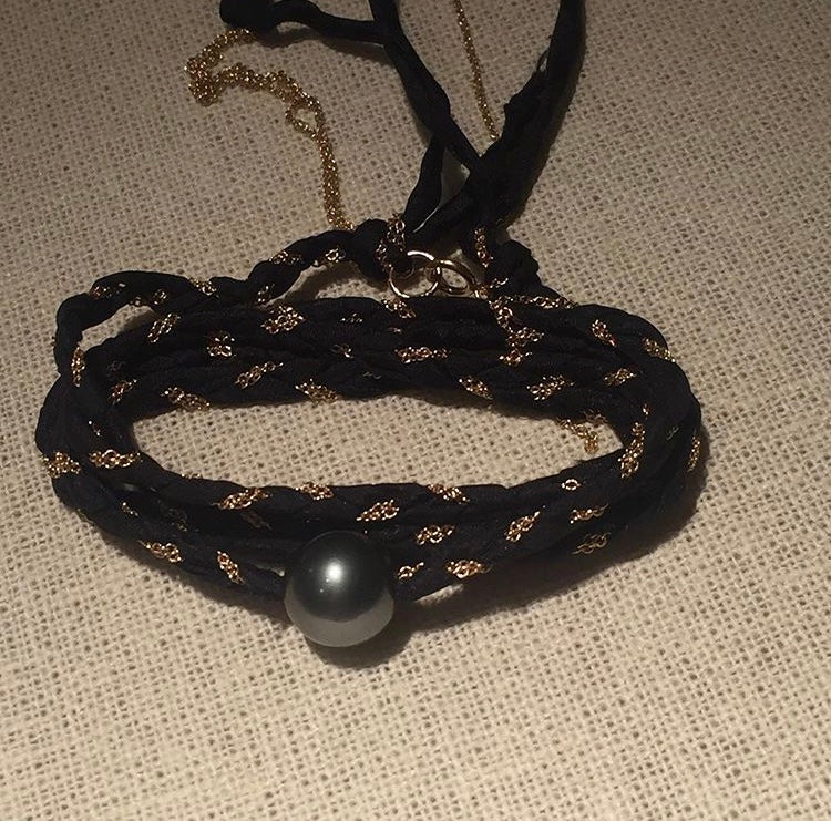 Love me Jewelry Black & Gold silk wrap Tahitian pearl bracelet