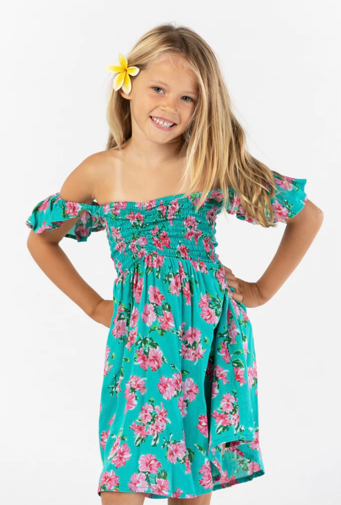 Kids Hollie Dress | Hibiscus Bouquet Teal