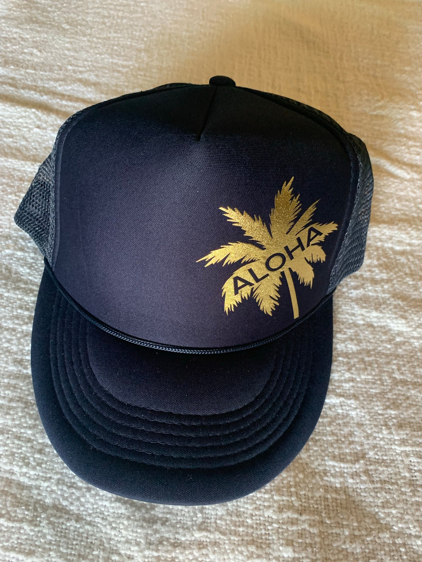 Tropical Goddess Aloha Palm Trucker Hat | Navy Blue
